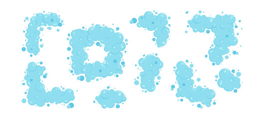 Cartoon soap bubble border, blue foam vector frame, shower suds, laundry background, wash shampoo, shower bath, water soda, air icon isolated on white background. Fun abstract illustration