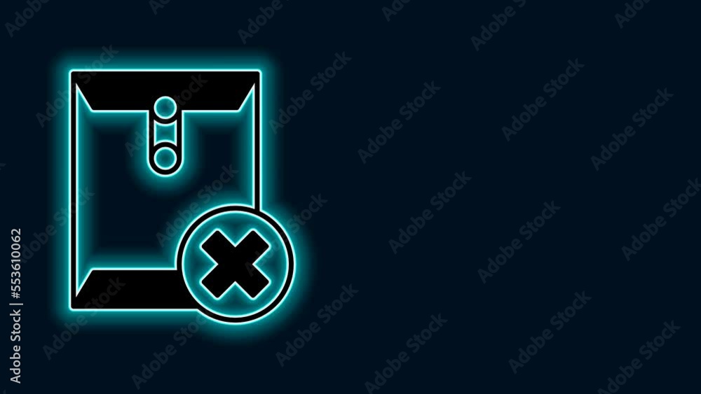 Poster glowing neon line delete envelope icon isolated on black background. delete or error letter. cross o
