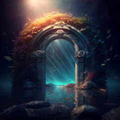 the light of evden a portal ancient gate in the middle of the waters, waters in the celestial sphere of peace, neverland dreamy cosmic beings surrounding in naturef 3d rendering