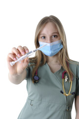 Close-up of the young female physician with a medical face mask and stethoscope holding a syringe against a white background - 553610641
