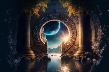 the light of evden a portal ancient gate in the middle of the waters, waters in the celestial sphere of peace, neverland dreamy cosmic beings surrounding in naturef 3d rendering