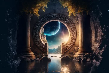 Fotobehang the light of evden a portal ancient gate in the middle of the waters, waters in the celestial sphere of peace, neverland dreamy cosmic beings surrounding in naturef 3d rendering © Freya