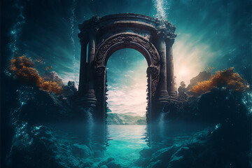 the light of evden a portal ancient gate in the middle of the waters, waters in the celestial sphere of peace, neverland dreamy cosmic beings surrounding in naturef 3d rendering