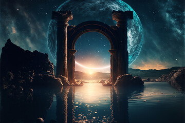 the light of evden a portal ancient gate in the middle of the waters, waters in the celestial sphere of peace, neverland dreamy cosmic beings surrounding in naturef 3d rendering