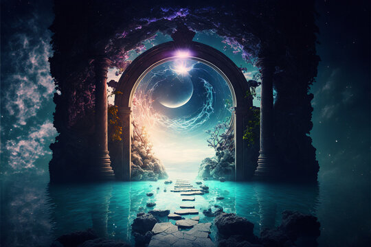 the light of evden a portal ancient gate in the middle of the waters, waters in the celestial sphere of peace, neverland dreamy cosmic beings surrounding in naturef 3d rendering