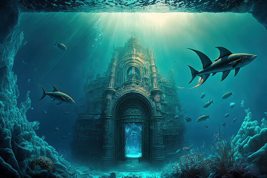 Underwater ancient city in the depths of the ocean. Atlantis lost world. ancient sunken architecture. Underwater gorges and tunnel. Lots of underwater organisms and fish. Underwater deep world. AI