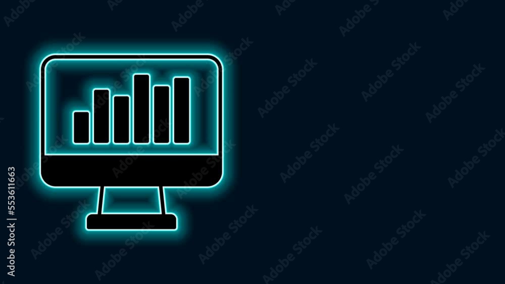 Poster glowing neon line computer monitor with graph chart icon isolated on black background. report text f