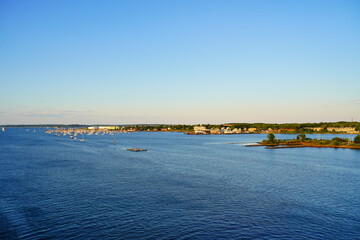 Portland, Maine, USA 07 10 2022: Landscape of Fore river and Portland Downtown in Maine