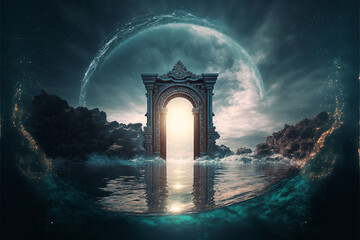 Naklejka premium the light of evden a portal ancient gate in the middle of the waters, waters in the celestial sphere of peace, neverland dreamy cosmic beings surrounding in naturef 3d rendering
