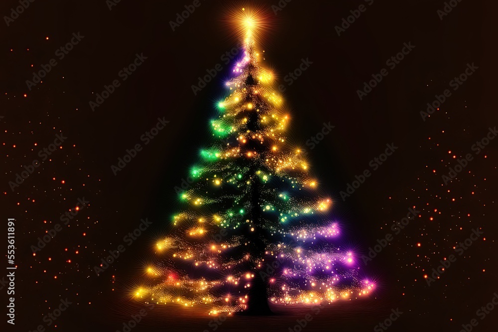 Poster background of a christmas tree lit up with lights generative ai