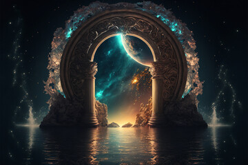 the light of evden a portal ancient gate in the middle of the waters, waters in the celestial sphere of peace, neverland dreamy cosmic beings surrounding in naturef 3d rendering