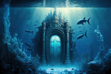 Underwater ancient city in the depths of the ocean. Atlantis lost world. ancient sunken architecture. Underwater gorges and tunnel. Lots of underwater organisms and fish. Underwater deep world. AI - obrazy, fototapety, plakaty