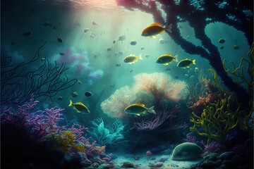 Obraz na płótnie Canvas Underwater world at the depth of the ocean. Underwater gorges and tunnel. Lots of underwater organisms and fish. Underwater deep world, sea darkness, algae glow, blue neon, corals. AI