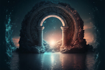 the light of evden a portal ancient gate in the middle of the waters, waters in the celestial sphere of peace, neverland dreamy cosmic beings surrounding in naturef 3d rendering