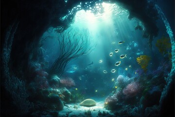 Fototapeta na wymiar Underwater world at the depth of the ocean. Underwater gorges and tunnel. Lots of underwater organisms and fish. Underwater deep world, sea darkness, algae glow, blue neon, corals. AI