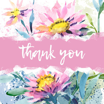 Thank you postcard. Gratitude with watercolor daisies. Watercolor background with flowers and splashes, spots. Botanical watercolor background for design