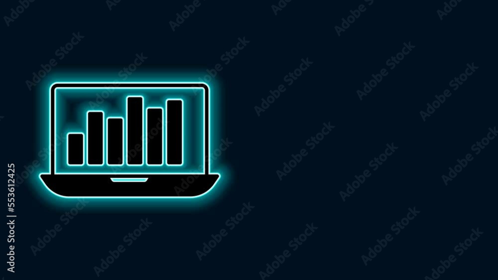 Poster glowing neon line laptop with graph chart icon isolated on black background. report text file icon. 