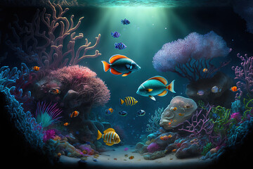 Underwater world at the depth of the ocean. Underwater gorges and tunnel. Lots of underwater organisms and fish. Underwater deep world, sea darkness, algae glow, blue neon, corals. AI