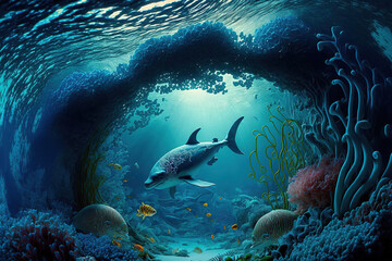 Obraz premium Underwater world at the depth of the ocean. Underwater gorges and tunnel. Lots of underwater organisms and fish. Underwater deep world, sea darkness, algae glow, blue neon, corals. AI
