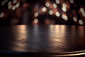 natural wood table with warm golden bokeh fairy lights in the background, empty tabletop for mock ups and photo design