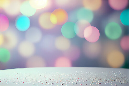 white table surface with pastel fairy lights, empty tabletop for mock ups and photo design
