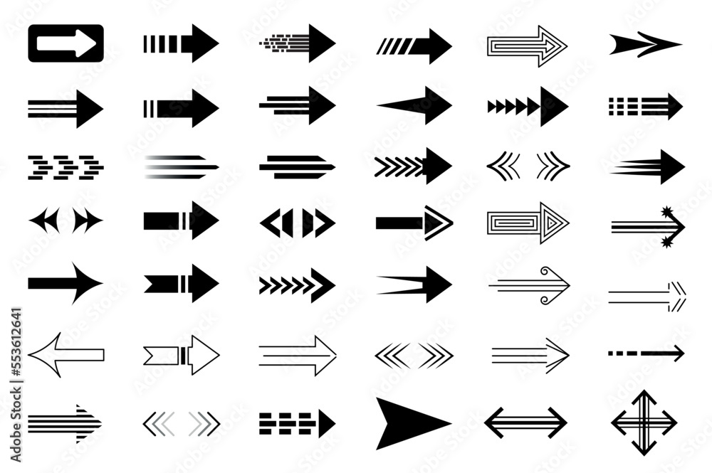 Poster Arrows isolated graphic elements set in flat design. Bundle of different black line cursors and directions pointers, navigation arrowhead buttons for application interface. Vector illustration.