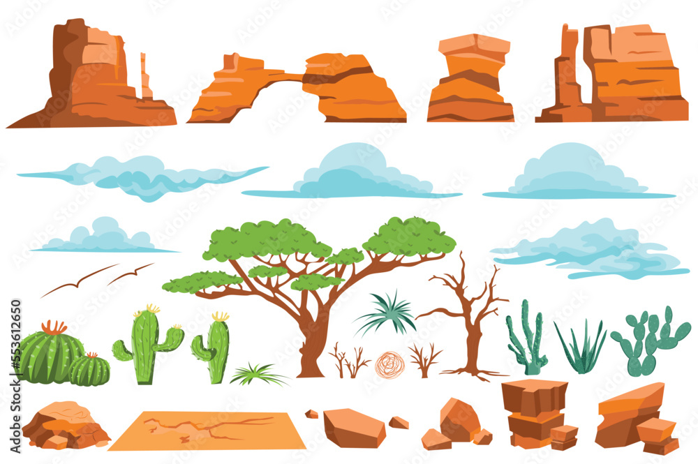 Aufkleber Desert nature isolated graphic elements set in flat design. Bundle of different shape mountains and rocks, stones, clouds in sky, trees, cactus and other plants for arid climate. Vector illustration.