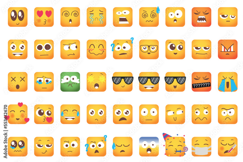Poster emoji isolated graphic elements set in flat design. bundle of different emoticon faces with expressi