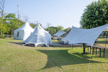 Camping tents on the park lawn