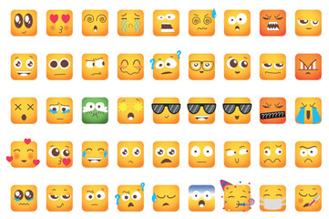 Emoji isolated graphic elements set in flat design. Bundle of different emoticon faces with expression emotions - cute, kiss, crying, screaming, angry, enjoy, thinking and other. Vector illustration.
