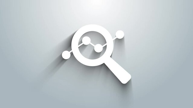 White Magnifying glass and data analysis icon isolated on grey background. Search sign. 4K Video motion graphic animation