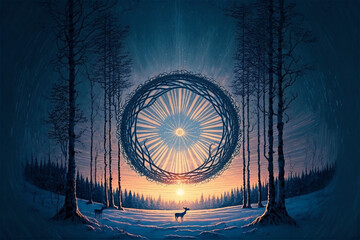Winter Soltice Greeting Card with a giant eye made of branches in the sky between trees and the sun setting in the backgound Generative AI