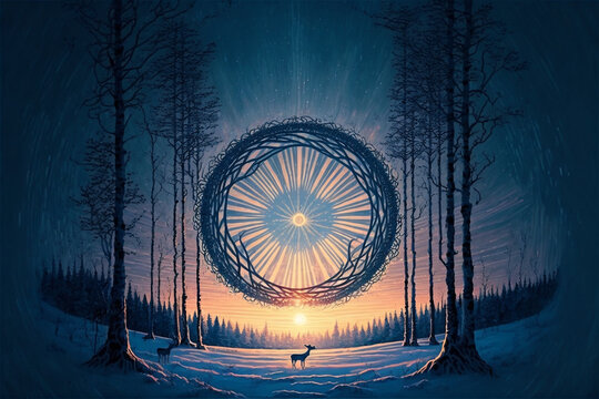 Winter Soltice Greeting Card with a giant eye made of branches in the sky between trees and the sun setting in the backgound Generative AI
