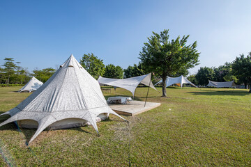 Camping tents on the park lawn