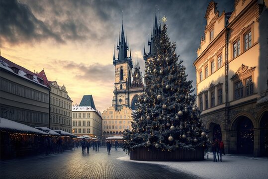A Prague plaza decked up for Christmas Generative AI