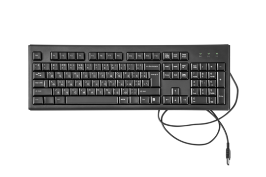 repair, cleaning the keyboard. black wired keyboard lies on a white background.