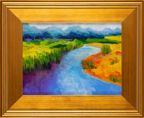 Contemporary expressionism oil painting in a plein aire gold frame depicting a landscape with grass fields, river, and mountains. Impressionism. Art.