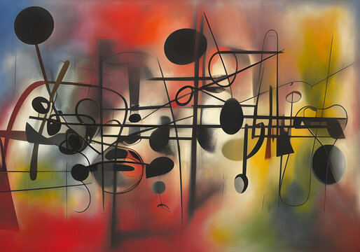 Music themed abstract painting with stylised musical notes and guitar strings. generative ai artwork, 