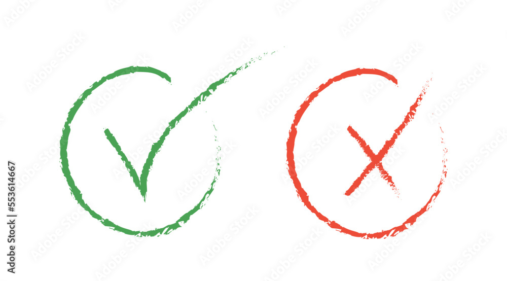 Poster check mark and cross mark flat icon set. check ok, yes or no, x marks for vote, decision, web. vecto
