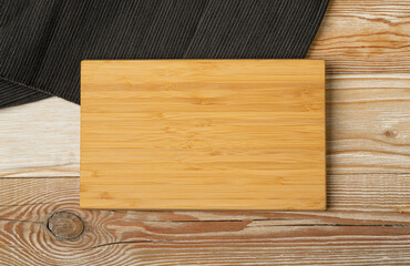 Old Wood Cutting Board Mockup, Vintage Chopping Board Background, Rustic Napkin, Empty Cut Desk Top View