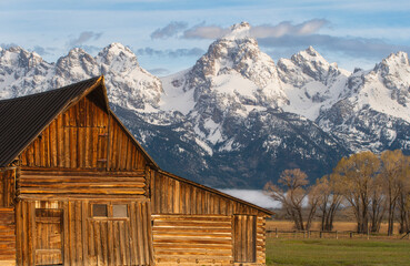 Barn in foreground with the Grand Tetons