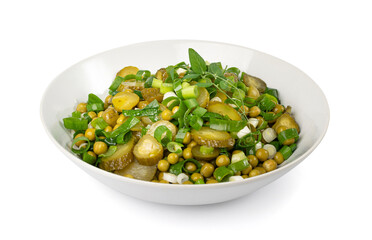 Pickled Gherkins Salad in White Bowl. Chopped Pickled Cucumbers, Canned Green Peas, Green Onions Salat