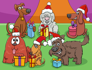 cartoon dog and puppies characters group on Christmas time