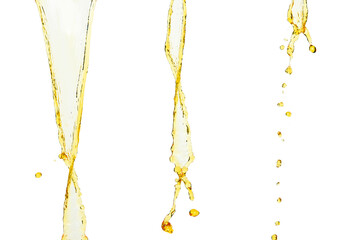 Orange, lemon juice or oil lubricant splash, liquid gold yellow drink drops. Fruit beverage water elements in line form . Fresh splashing and flowing jets, white background isolated freeze motion