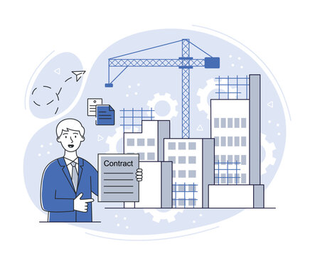 Civil Engineer Concept. Young Guy With Contract On Background Of Highrise Buildings. Architecture And Home Design, Modern Exterior. Poster Or Banner For Website. Cartoon Flat Vector Illustration