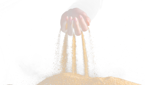 Hand releasing dropping sand. Fine Sand flowing pouring through fingers against black background. Summer beach holiday vacation and time passing concept. Isolated high speed shutter