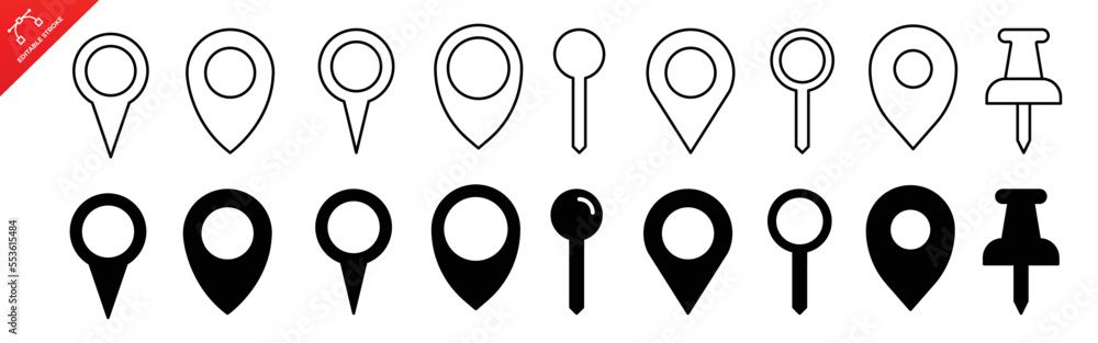 Aufkleber location pointers set. flat isolated location pointers icon set. editabel line strokes icon. map pin