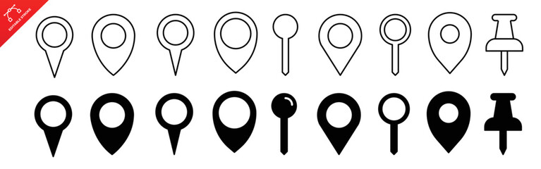 Location pointers set. Flat isolated location pointers icon set. Editabel line strokes icon. Map pin collection. Vector illustration.