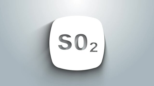 White Sulfur dioxide SO2 gas molecule icon isolated on grey background. Structural chemical formula and molecule model. 4K Video motion graphic animation