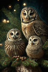 Owl Family Christmas Photo in front of Christmas Tree | Midjourney Ai Generated